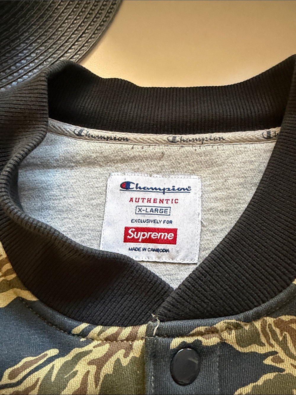 Supreme x Champion Tiger Camo Bomber Jacket in Olive & Black with Logo Patch - Picture 3 of 6